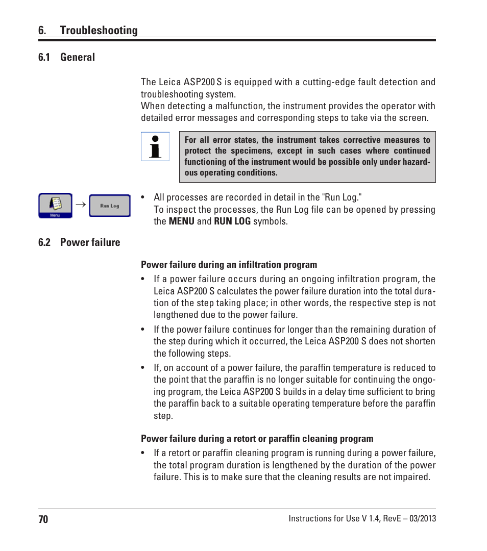 Troubleshooting, 1 general, 2 power failure | Power failure | Leica Biosystems ASP200 S User Manual | Page 70 / 88