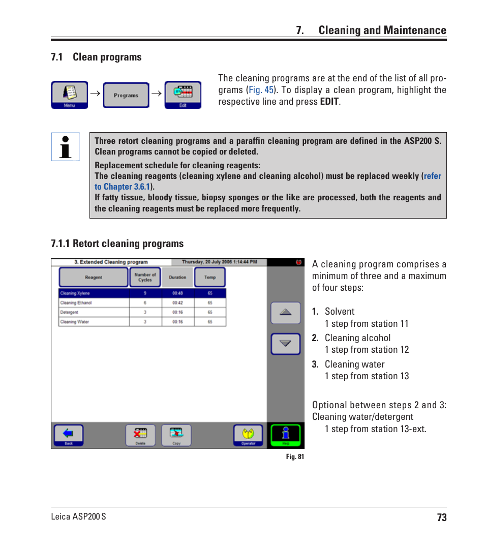 Cleaning and maintenance, 1 clean programs, 1 retort cleaning programs | Clean programs | Leica Biosystems ASP200 S User Manual | Page 73 / 88