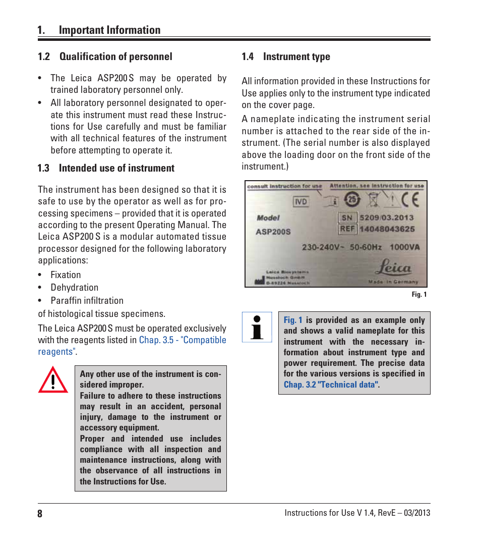 2 qualification of personnel, 3 intended use of instrument, 4 instrument type | Qualification of personnel, Intended use of instrument, Instrument type, Important information | Leica Biosystems ASP200 S User Manual | Page 8 / 88