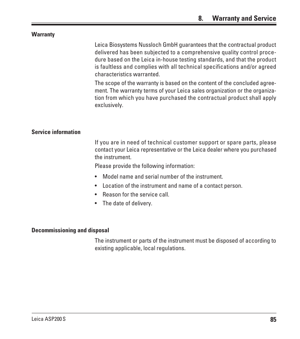 Warranty and service | Leica Biosystems ASP200 S User Manual | Page 85 / 88