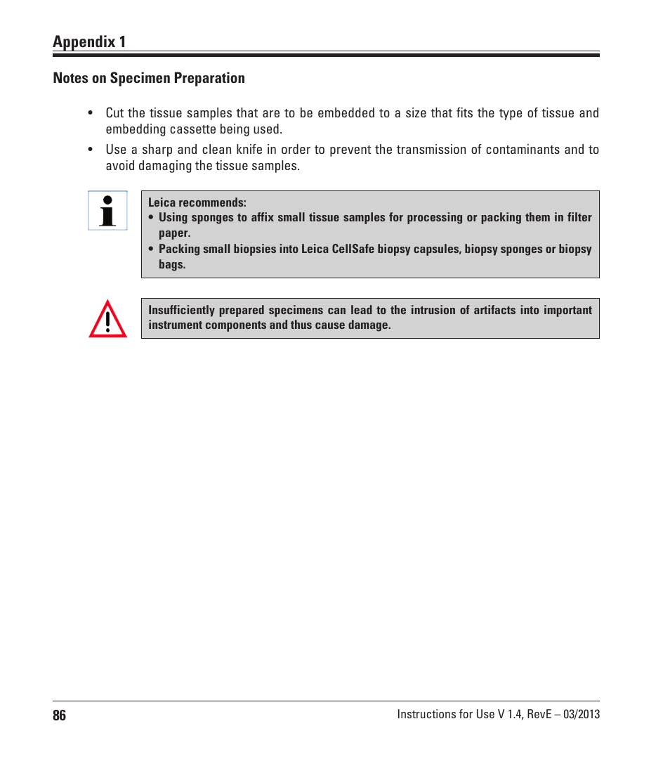 Appendix 1, Notes on specimen preparation | Leica Biosystems ASP200 S User Manual | Page 86 / 88