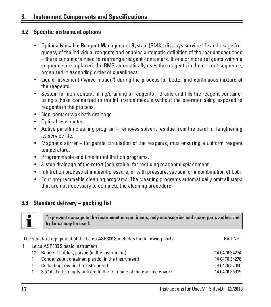 2 specific instrument options, 3 standard delivery - packing list, Specific instrument options | Standard delivery – packing list, Instrument components and specifications | Leica Biosystems ASP300 S User Manual | Page 16 / 88