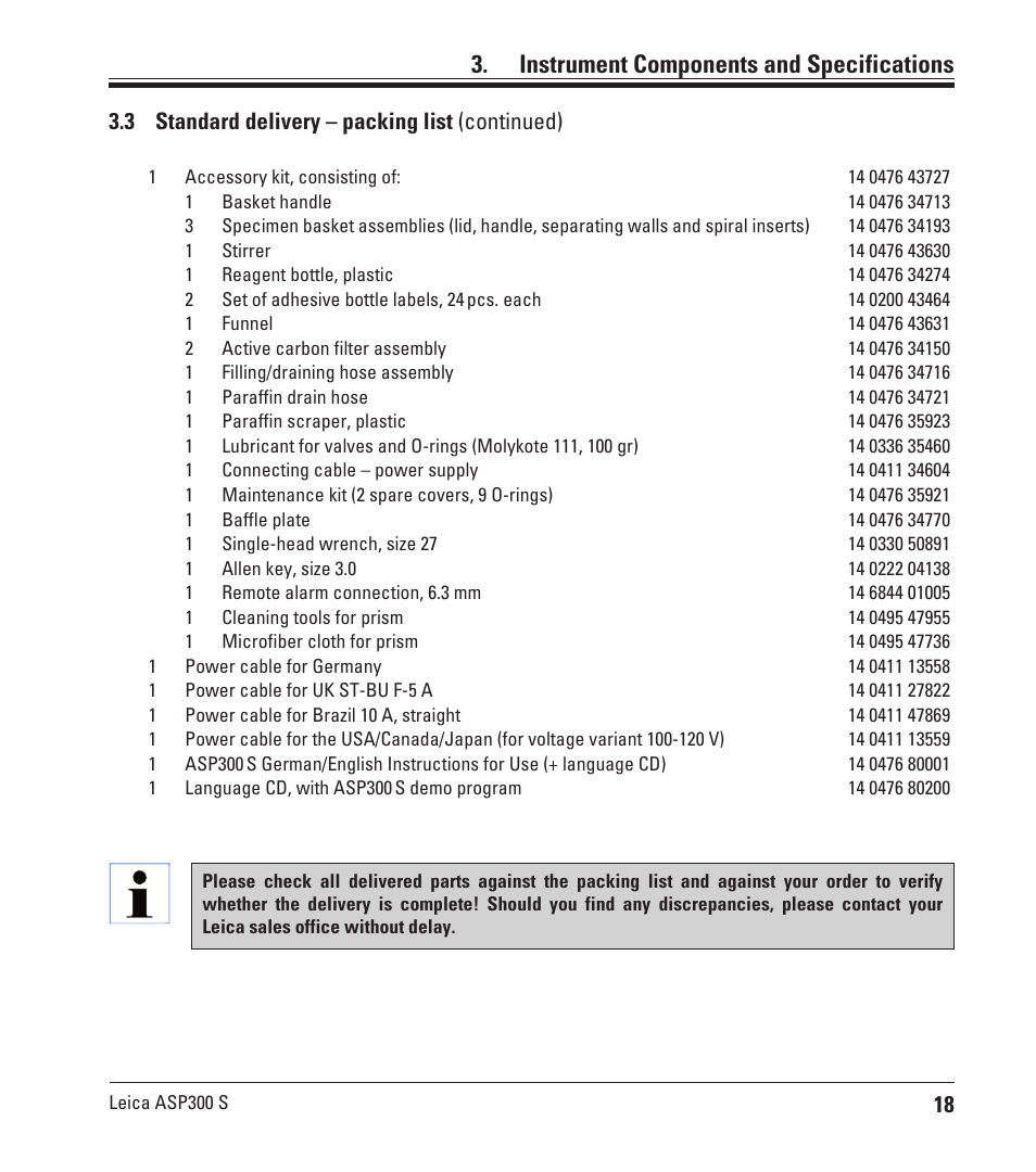 Instrument components and specifications, 3 standard delivery – packing list (continued) | Leica Biosystems ASP300 S User Manual | Page 17 / 88