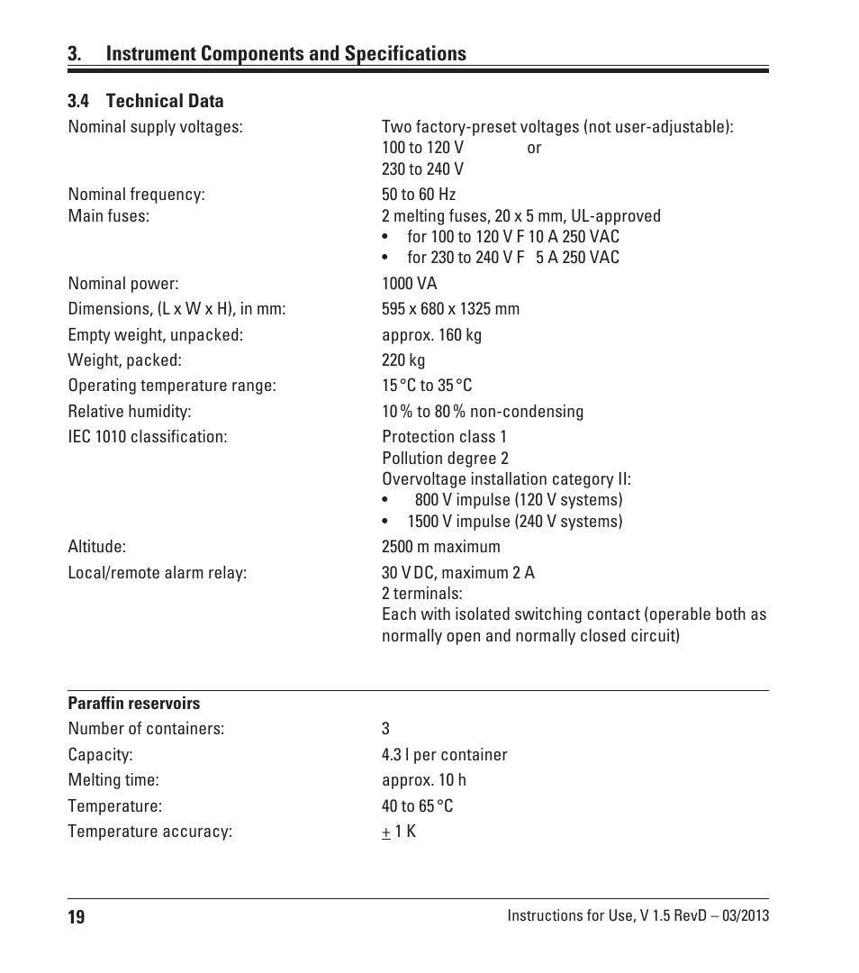 4 technical data, Technical data, Instrument components and specifications | Leica Biosystems ASP300 S User Manual | Page 18 / 88