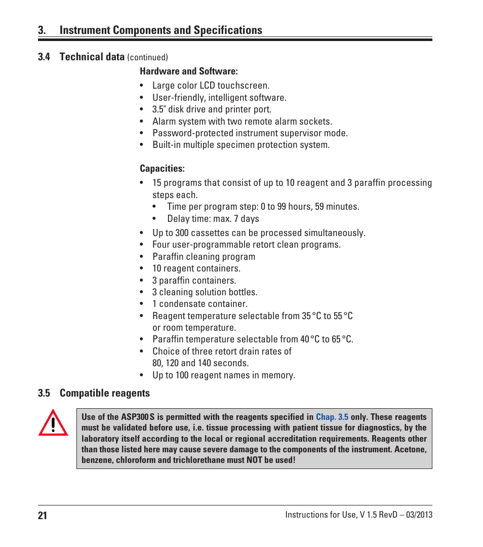 5 compatible reagents, Compatible reagents, Instrument components and specifications | Leica Biosystems ASP300 S User Manual | Page 20 / 88