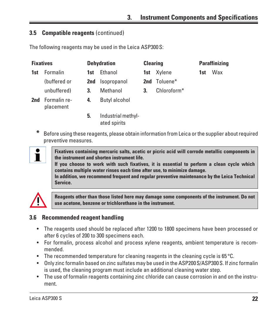 6 recommended reagent handling, Recommended reagent handling, Instrument components and specifications | Leica Biosystems ASP300 S User Manual | Page 21 / 88