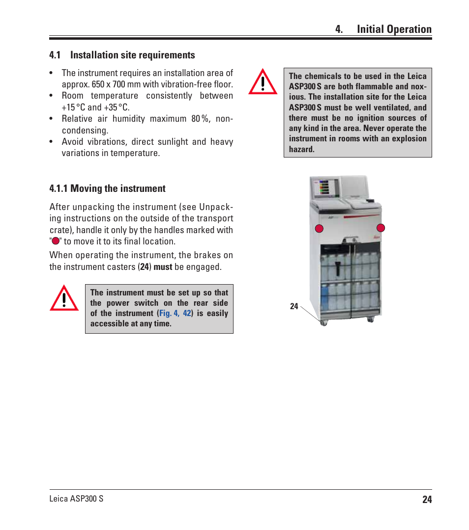 Instrument setup, 1 installation site requirements, 1 moving the instrument | Initial operation, Installation site requirements | Leica Biosystems ASP300 S User Manual | Page 23 / 88