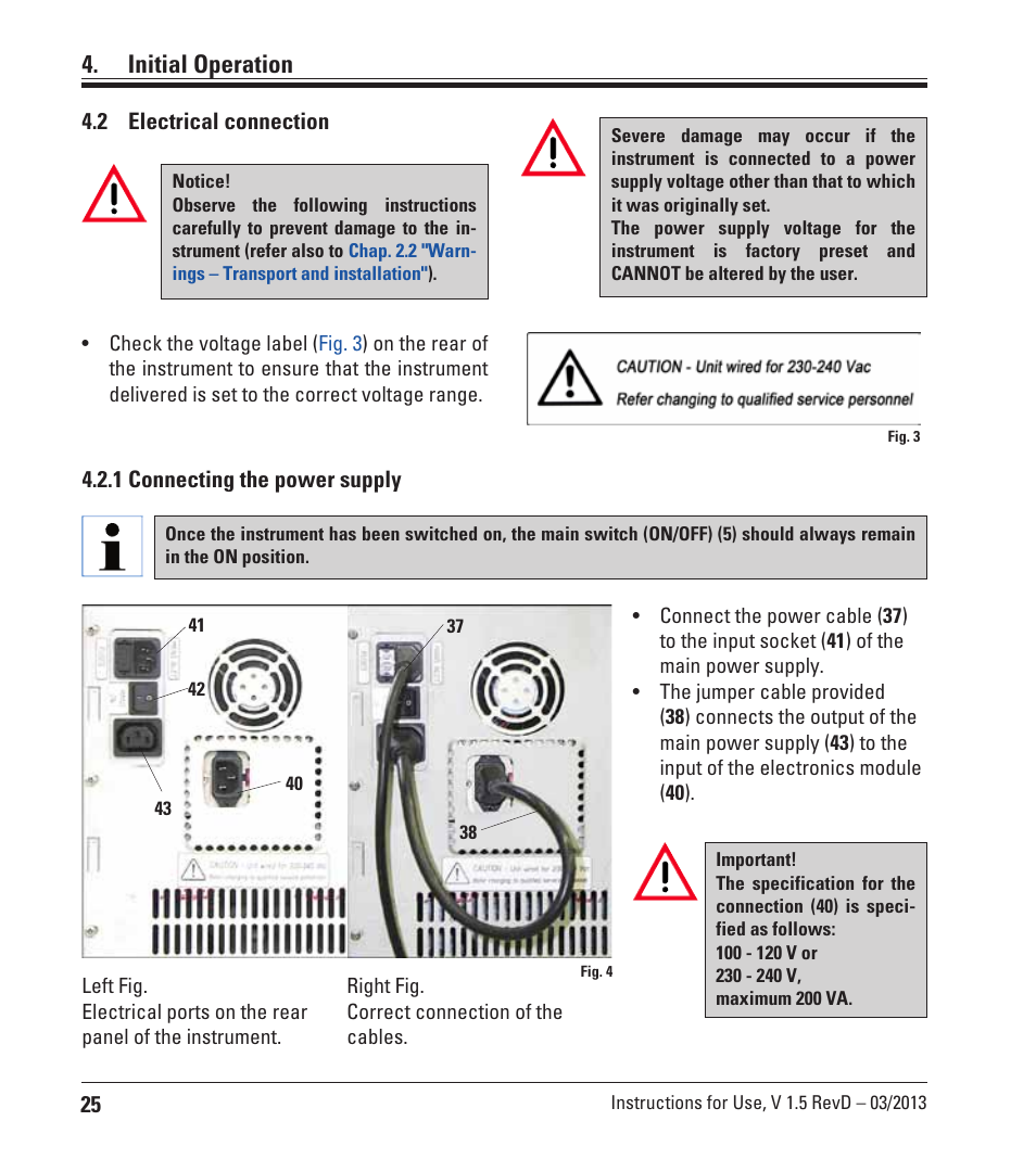 2 electrical connection, 1 connecting the power supply, Electrical connection | Initial operation | Leica Biosystems ASP300 S User Manual | Page 24 / 88