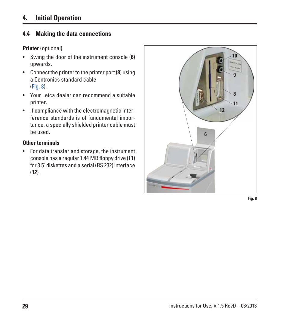 4 making the data connections, Making the data connections, Initial operation | Leica Biosystems ASP300 S User Manual | Page 28 / 88