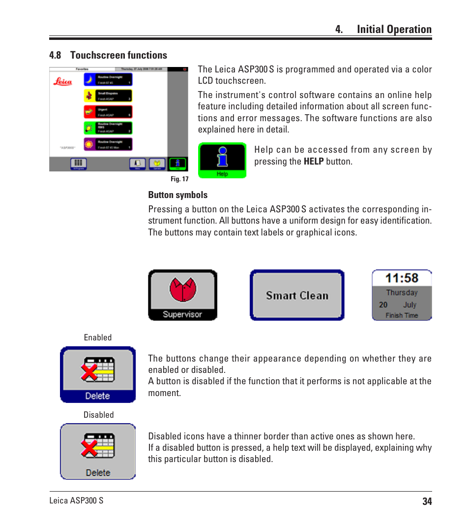 8 touchscreen functions, Touchscreen functions, Initial operation | Leica Biosystems ASP300 S User Manual | Page 33 / 88