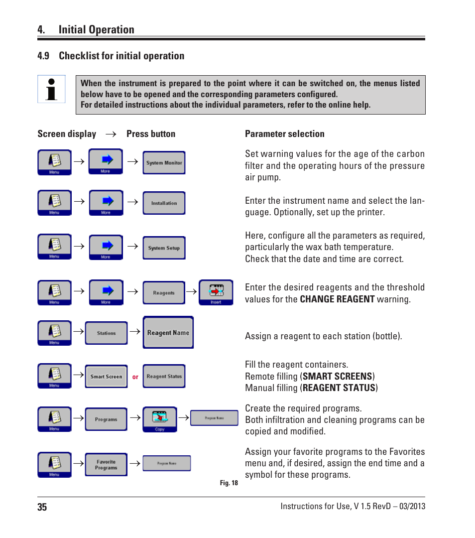 9 checklist for initial operation, Checklist for initial operation | Leica Biosystems ASP300 S User Manual | Page 34 / 88