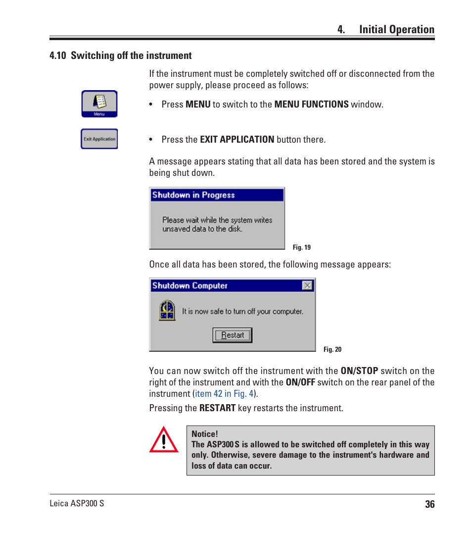 10 switching off the instrument, Initial operation | Leica Biosystems ASP300 S User Manual | Page 35 / 88