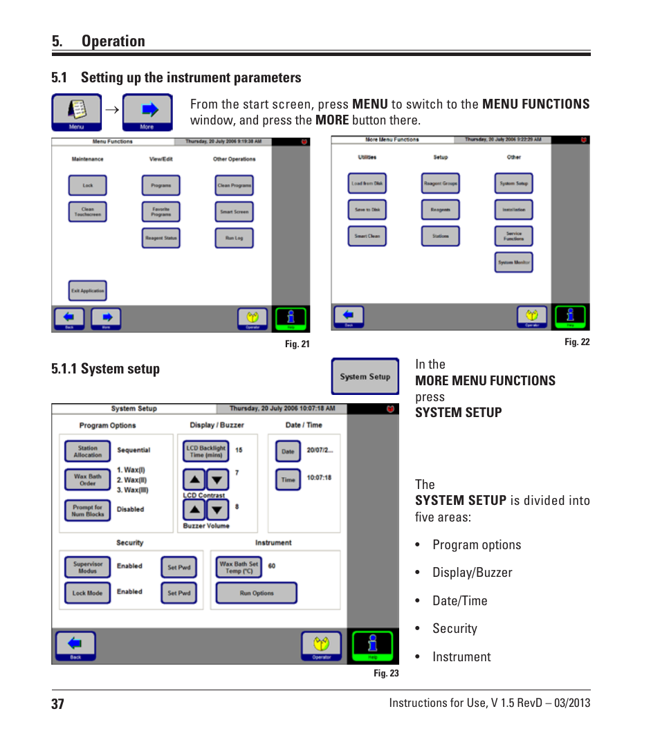 Operation, 1 setting up the instrument parameters, 1 system setup | Setting up the instrument parameters | Leica Biosystems ASP300 S User Manual | Page 36 / 88