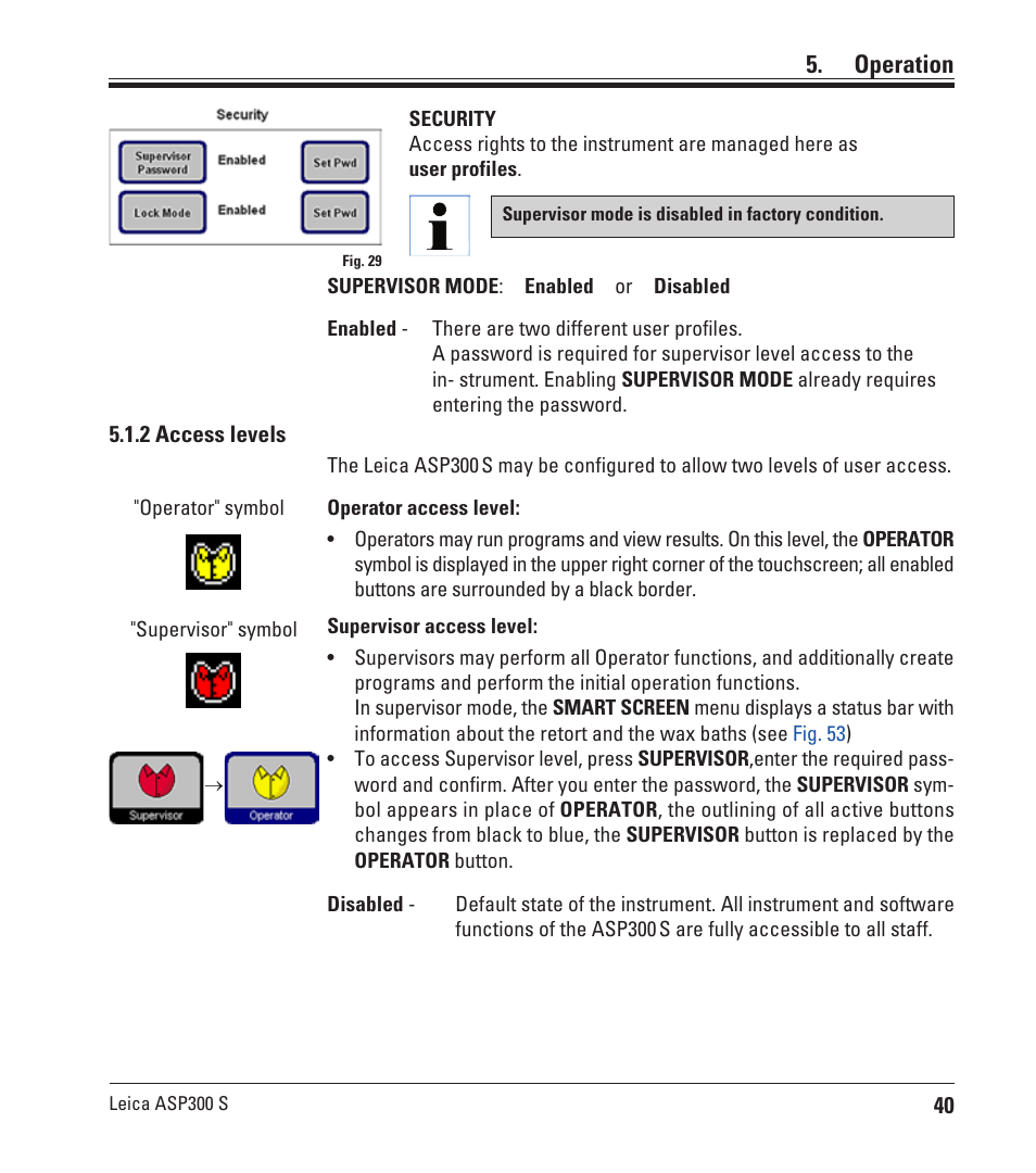 2 access levels, Operation | Leica Biosystems ASP300 S User Manual | Page 39 / 88