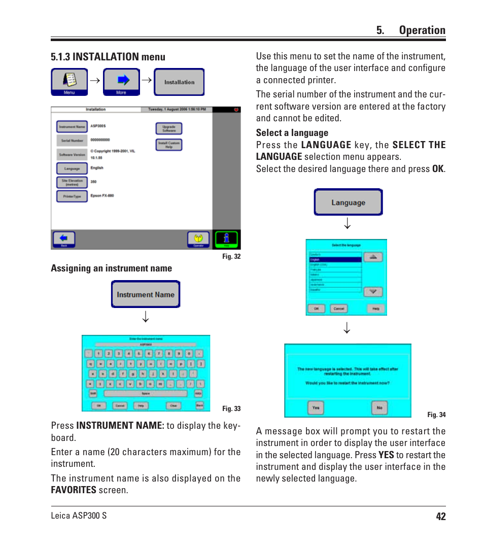 3 installation menu, Operation | Leica Biosystems ASP300 S User Manual | Page 41 / 88