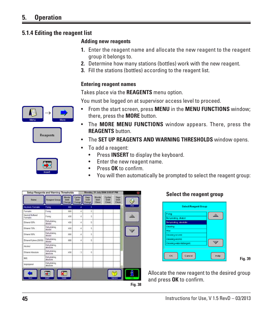 4 editing the reagent list, Operation | Leica Biosystems ASP300 S User Manual | Page 44 / 88