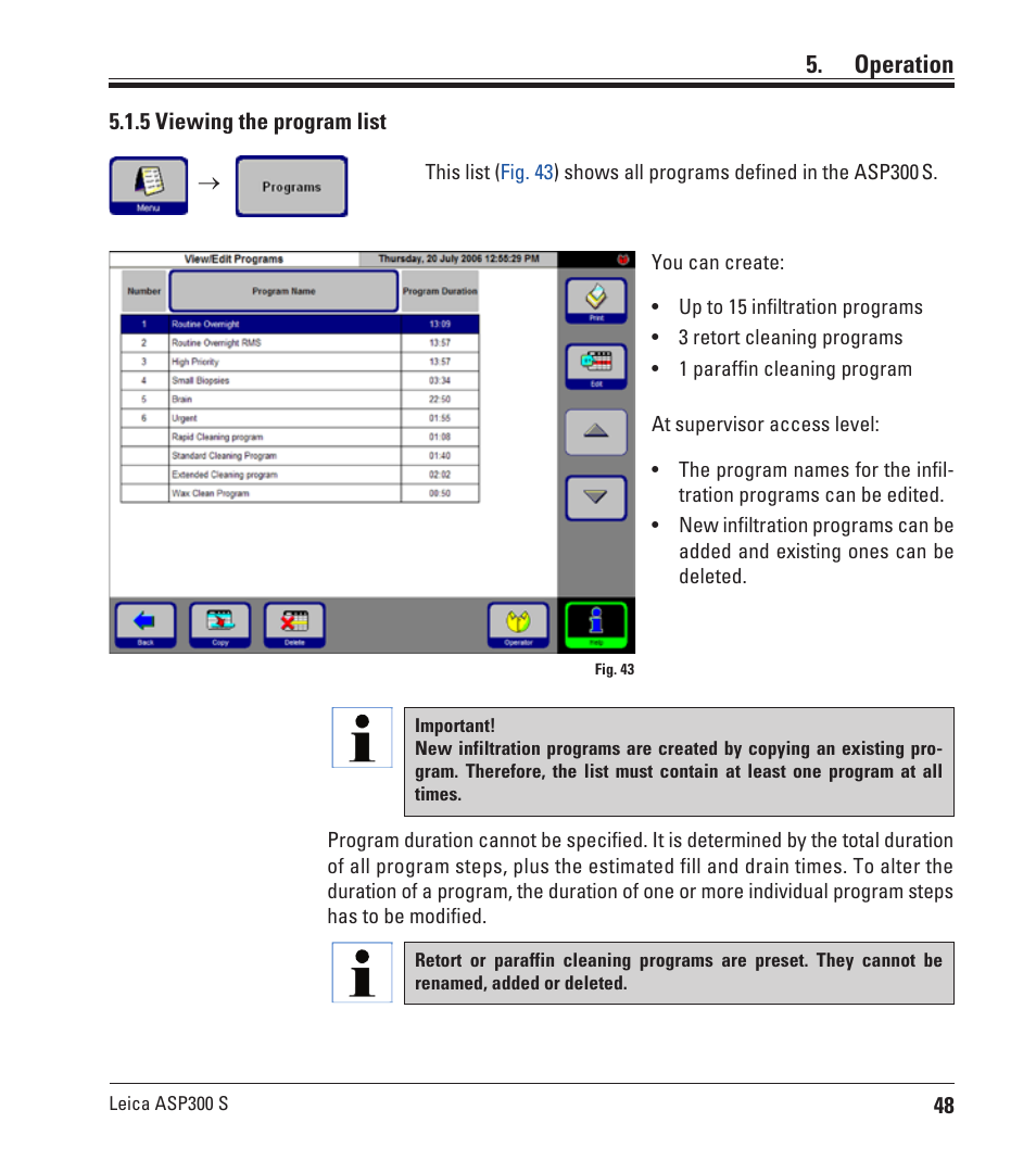 5 viewing the program list, Operation | Leica Biosystems ASP300 S User Manual | Page 47 / 88