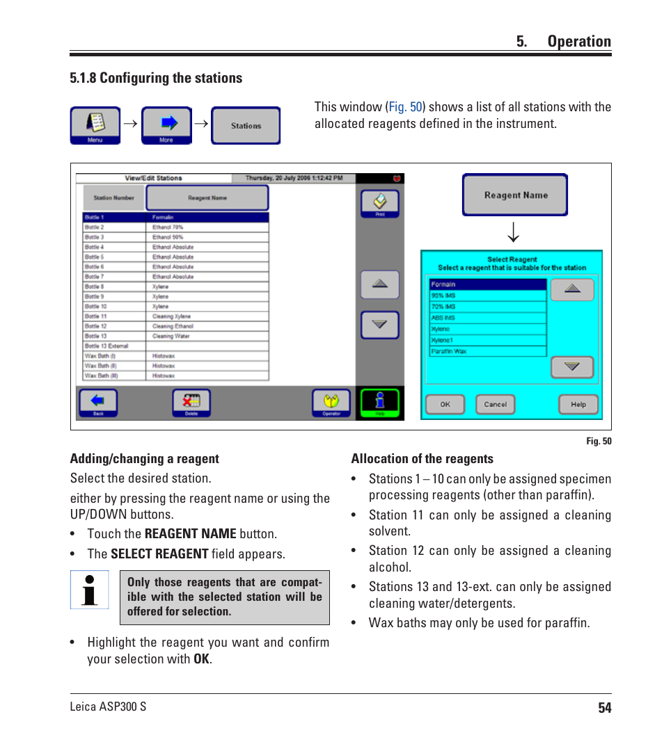 8 configuring the stations, Operation | Leica Biosystems ASP300 S User Manual | Page 53 / 88