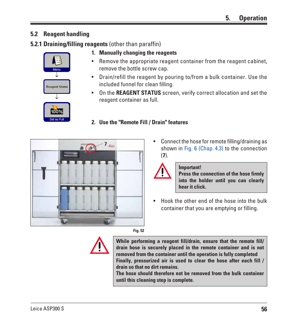 2 reagent handling, 1 draining/filling reagents (other than paraffin), Reagent handling | Operation | Leica Biosystems ASP300 S User Manual | Page 55 / 88