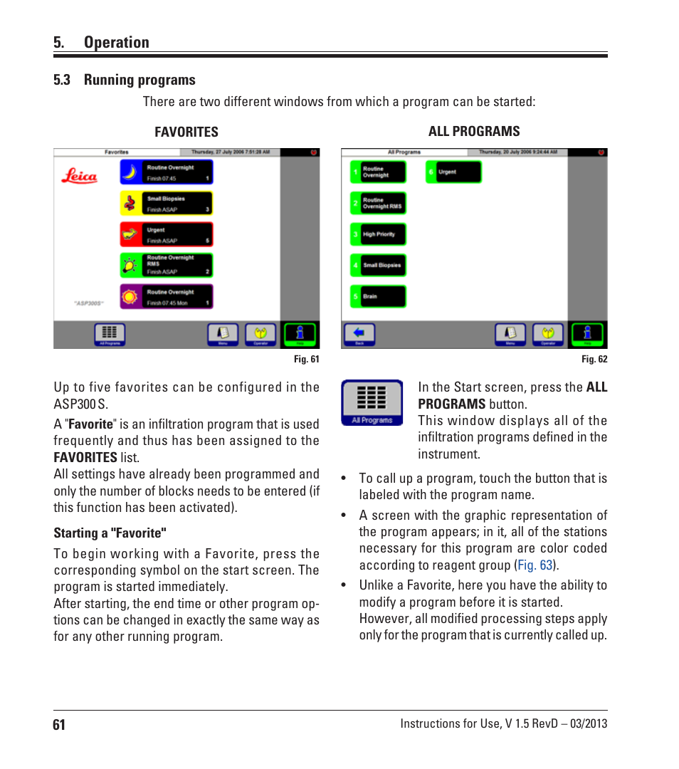 3 running programs, Running programs, Operation | Leica Biosystems ASP300 S User Manual | Page 60 / 88