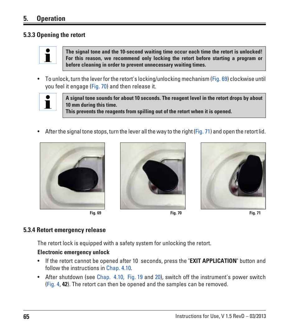 3 opening the retort, 4 retort emergency release, Operation | Leica Biosystems ASP300 S User Manual | Page 64 / 88