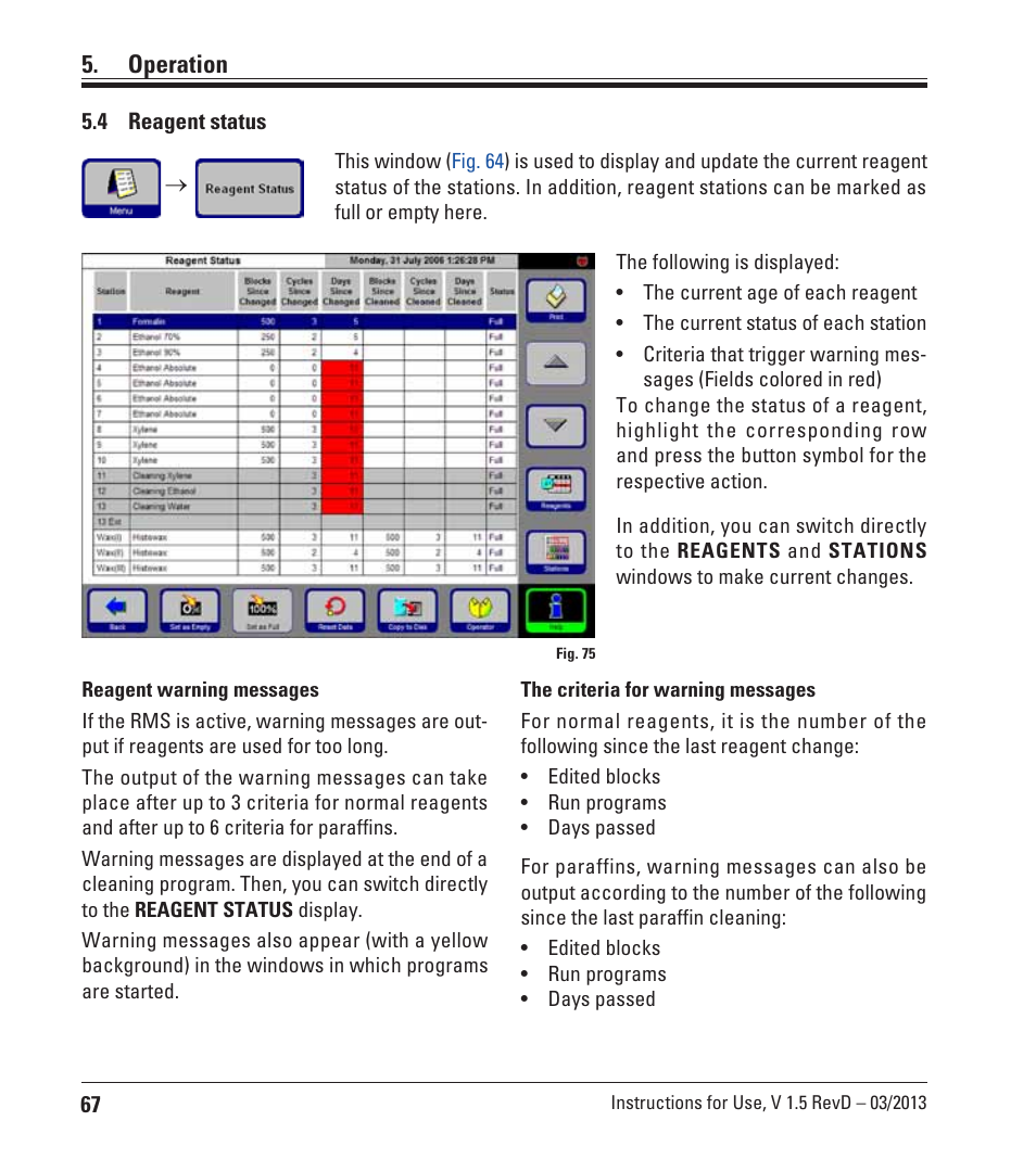 4 reagent status, Reagent status, Operation | Leica Biosystems ASP300 S User Manual | Page 66 / 88