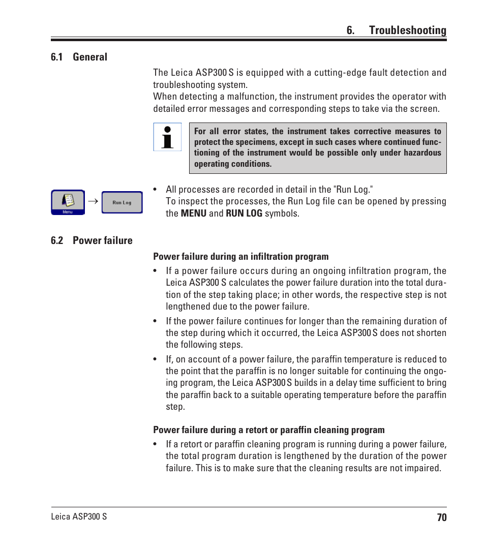 Troubleshooting, 1 general, 2 power failure | Power failure | Leica Biosystems ASP300 S User Manual | Page 69 / 88