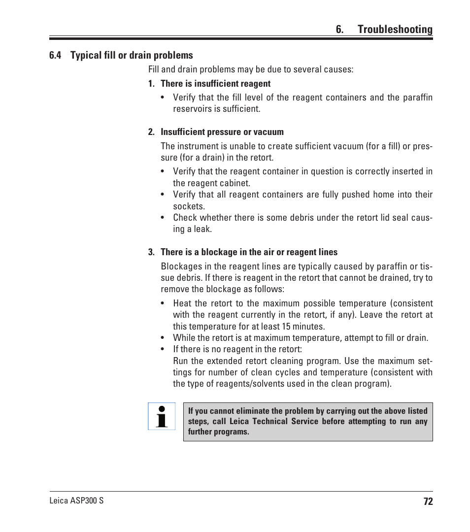 4 typical fill or drain problems, Typical fill or drain problems, Troubleshooting | Leica Biosystems ASP300 S User Manual | Page 71 / 88