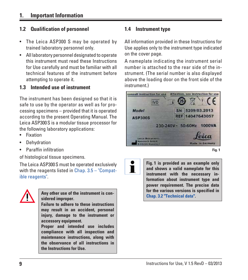 2 qualification of personnel, 3 intended use of instrument, 4 instrument type | Qualification of personnel, Intended use of instrument, Instrument type, Important information | Leica Biosystems ASP300 S User Manual | Page 8 / 88