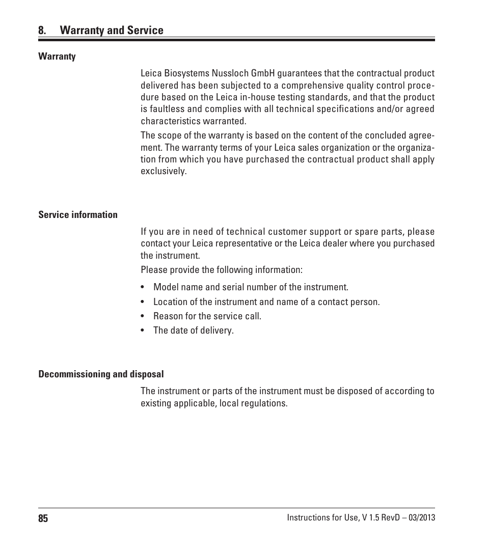 Warranty and service | Leica Biosystems ASP300 S User Manual | Page 84 / 88