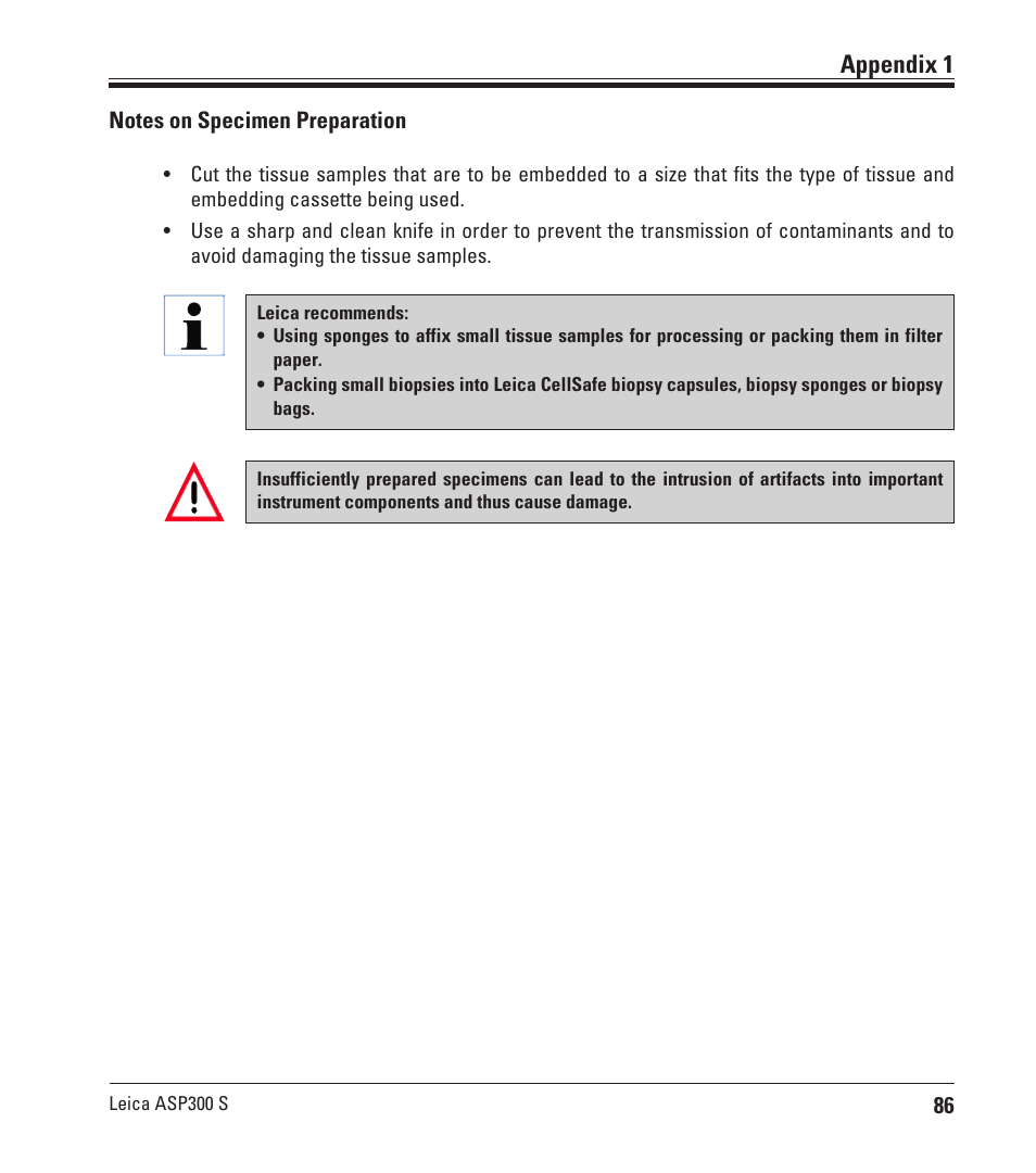 Appendix 1, Notes on specimen preparation | Leica Biosystems ASP300 S User Manual | Page 85 / 88