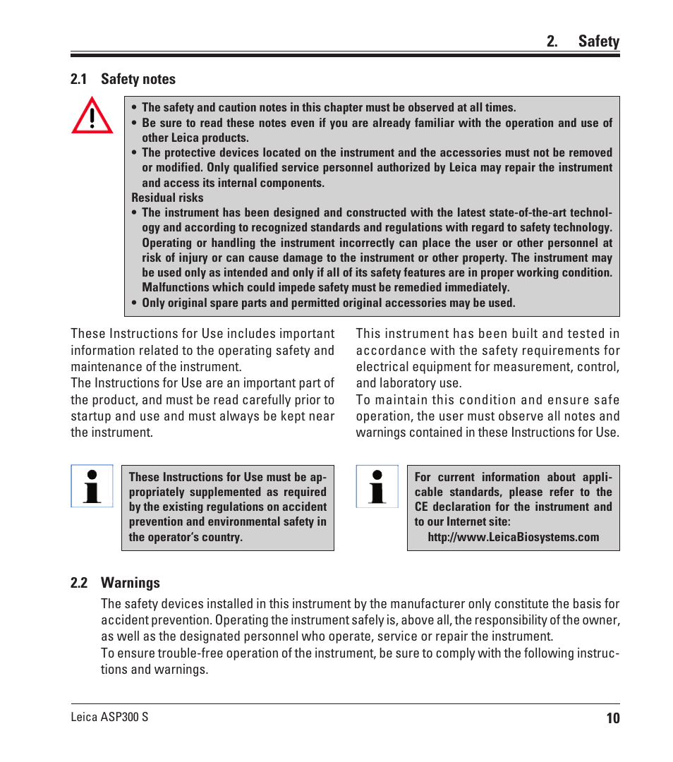 Safety, 1 safety notes, 2 warnings | Safety notes | Leica Biosystems ASP300 S User Manual | Page 9 / 88