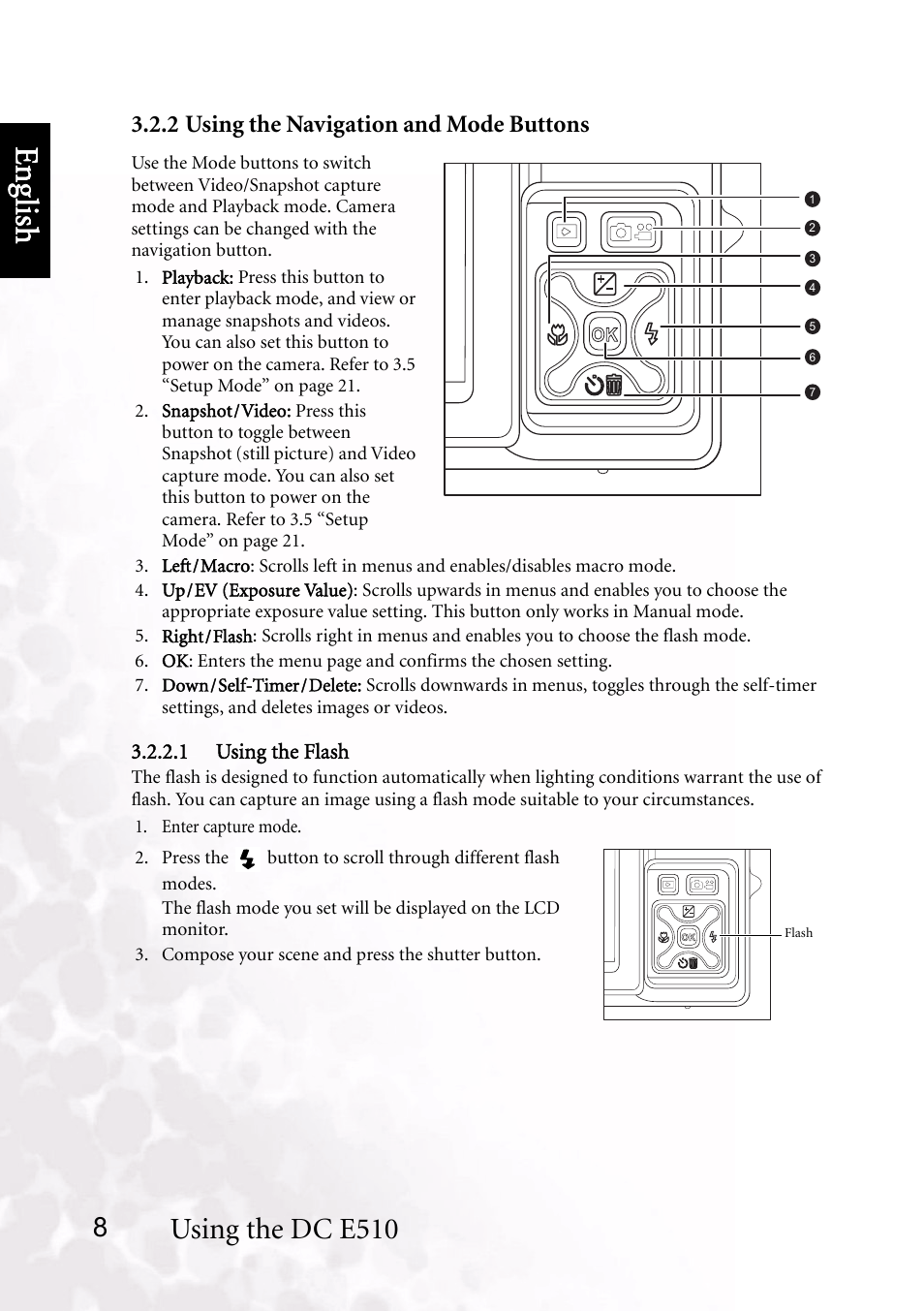 2 using the navigation and mode buttons, 1 using the flash, Benq dc 5530 user’s manual | Eng lish, Using the dc e510 | BenQ DC E510 User Manual | Page 12 / 35