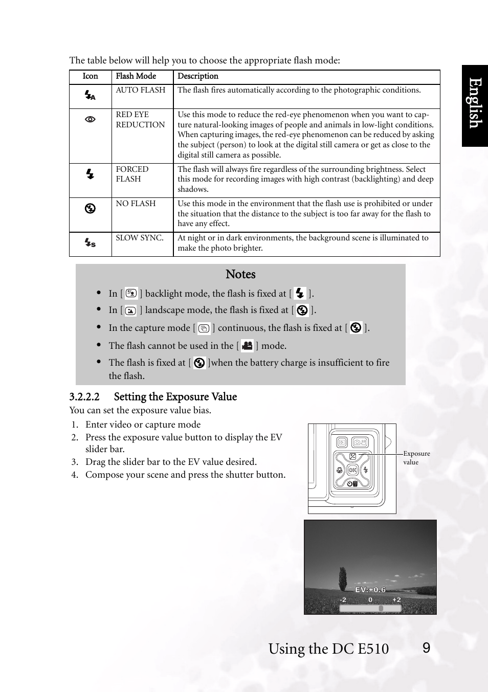 2 setting the exposure value, Benq dc 5530 user’s manual, Eng lish | Using the dc e510 | BenQ DC E510 User Manual | Page 13 / 35