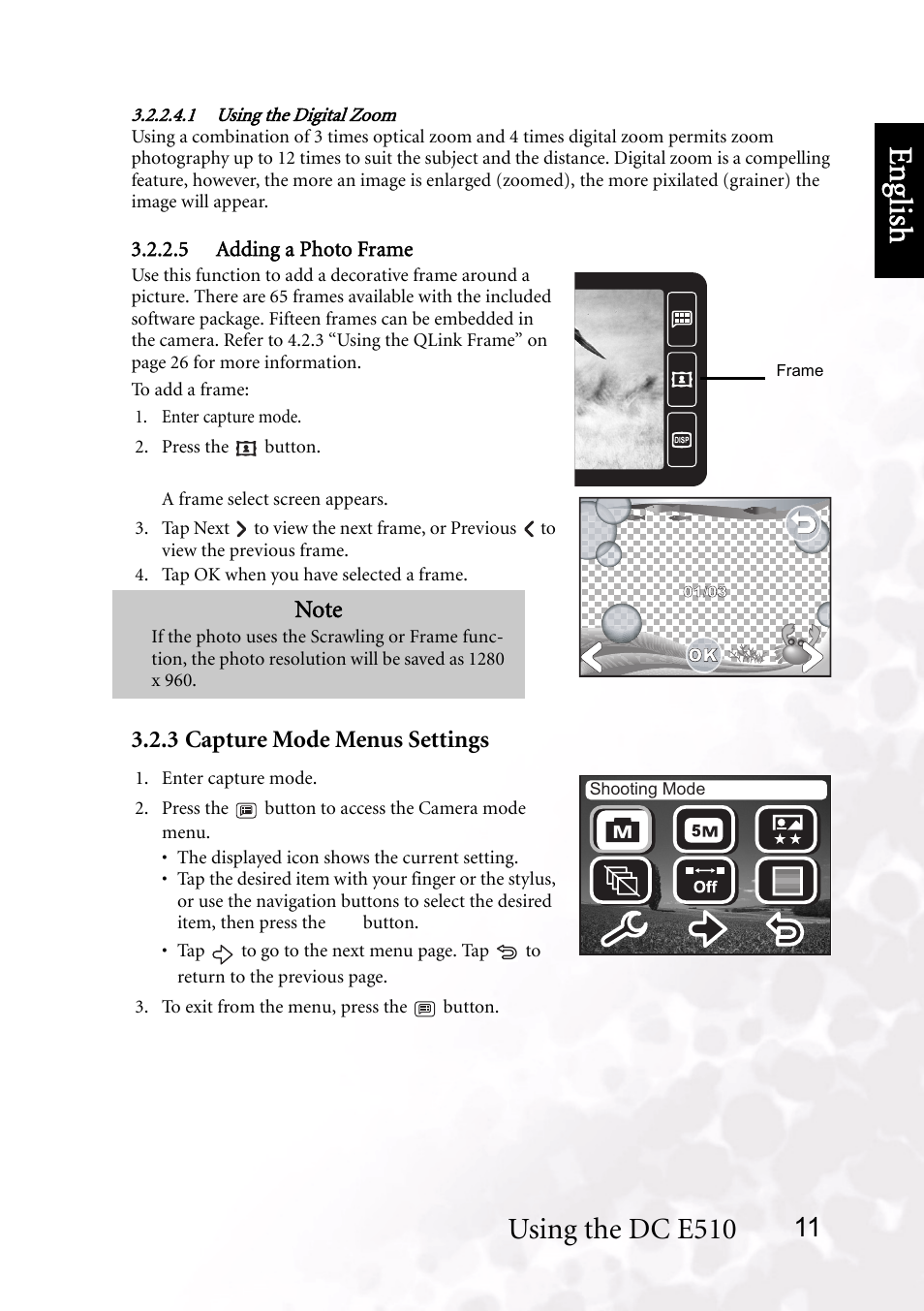 5 adding a photo frame, 3 capture mode menus settings, Benq dc 5530 user’s manual | Eng lish, Using the dc e510 | BenQ DC E510 User Manual | Page 15 / 35