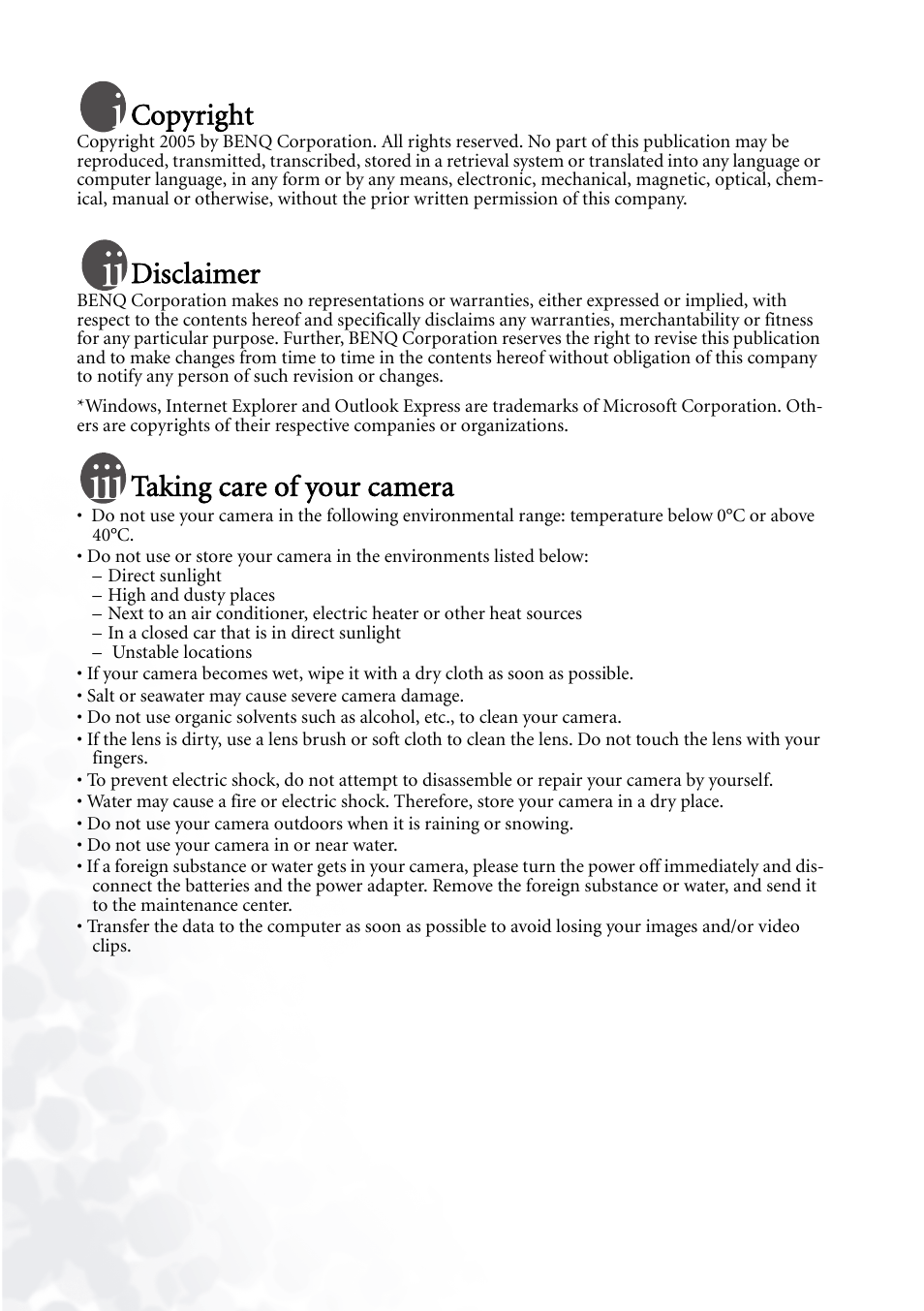 Copyright, Disclaimer, Taking care of your camera | BenQ DC E510 User Manual | Page 2 / 35