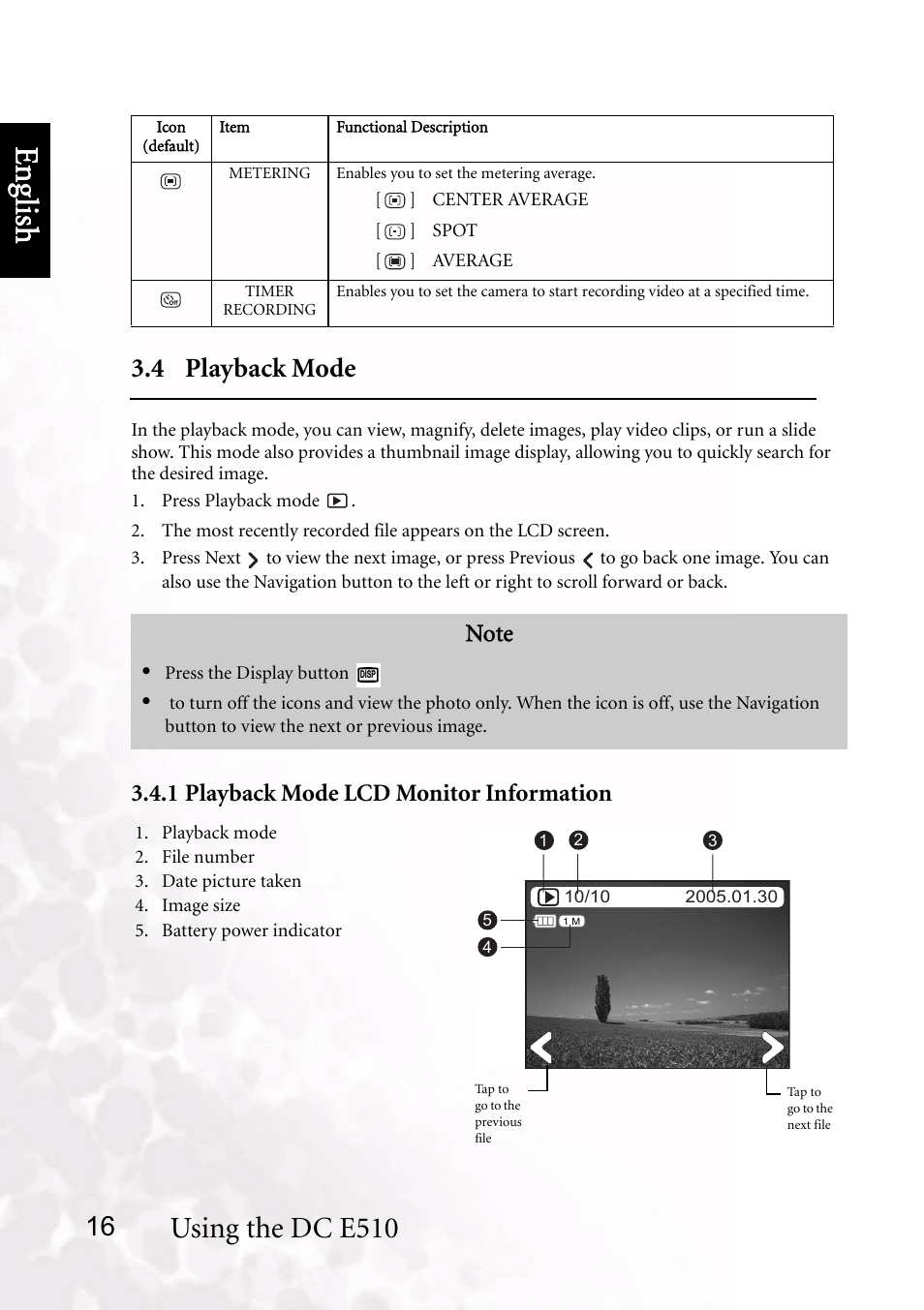 4 playback mode, 1 playback mode lcd monitor information, Benq dc 5530 user’s manual | Eng lish, Using the dc e510, 16 3.4 playback mode | BenQ DC E510 User Manual | Page 20 / 35