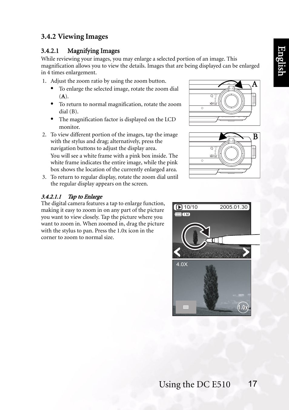 2 viewing images, 1 magnifying images, Benq dc 5530 user’s manual | Eng lish, Using the dc e510 | BenQ DC E510 User Manual | Page 21 / 35