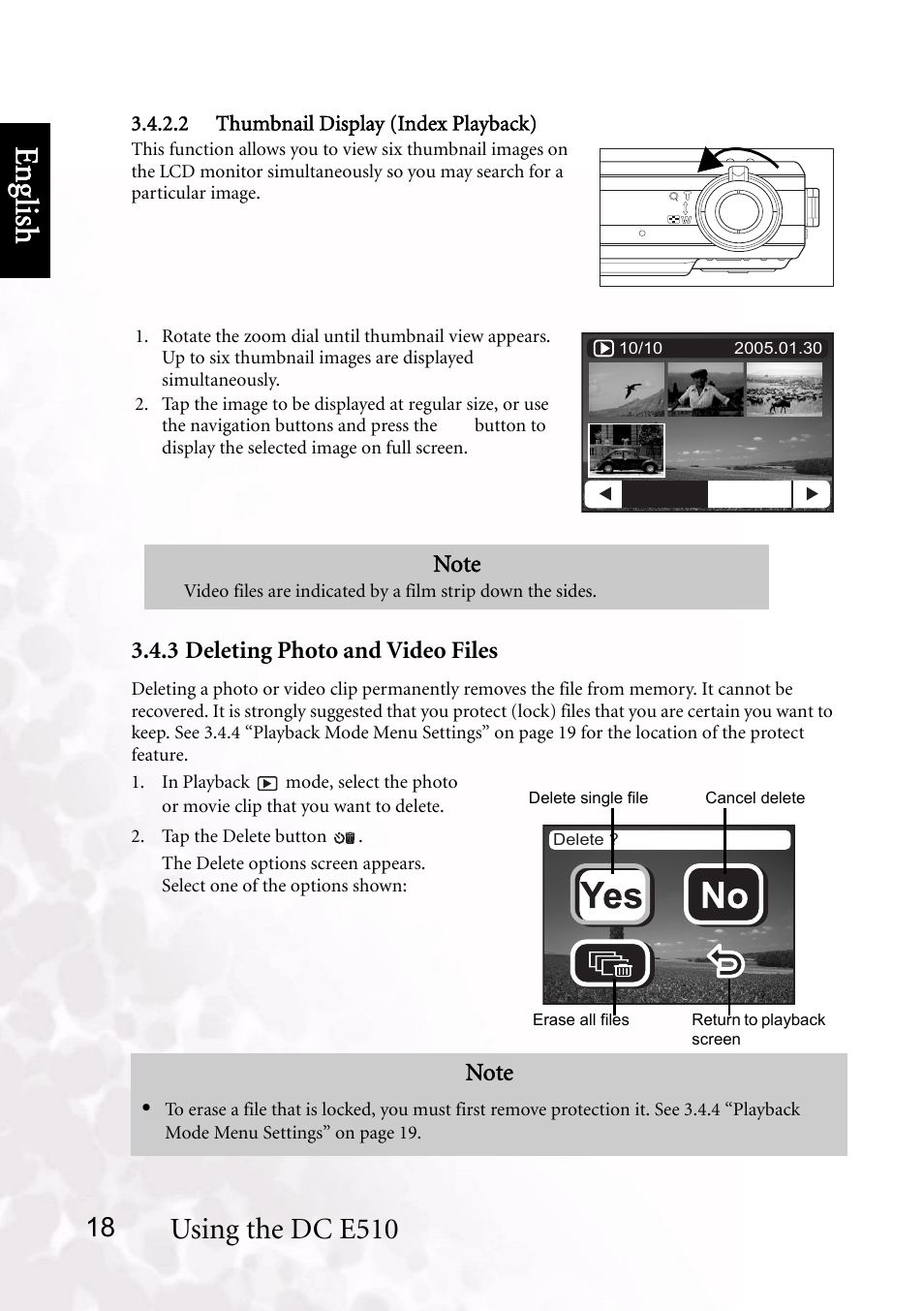 2 thumbnail display (index playback), 3 deleting photo and video files, Benq dc 5530 user’s manual | Eng lish, Using the dc e510 | BenQ DC E510 User Manual | Page 22 / 35
