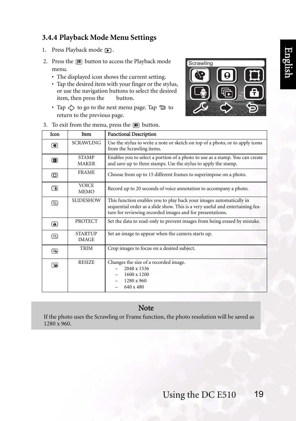 4 playback mode menu settings, Benq dc 5530 user’s manual, Eng lish | Using the dc e510 | BenQ DC E510 User Manual | Page 23 / 35