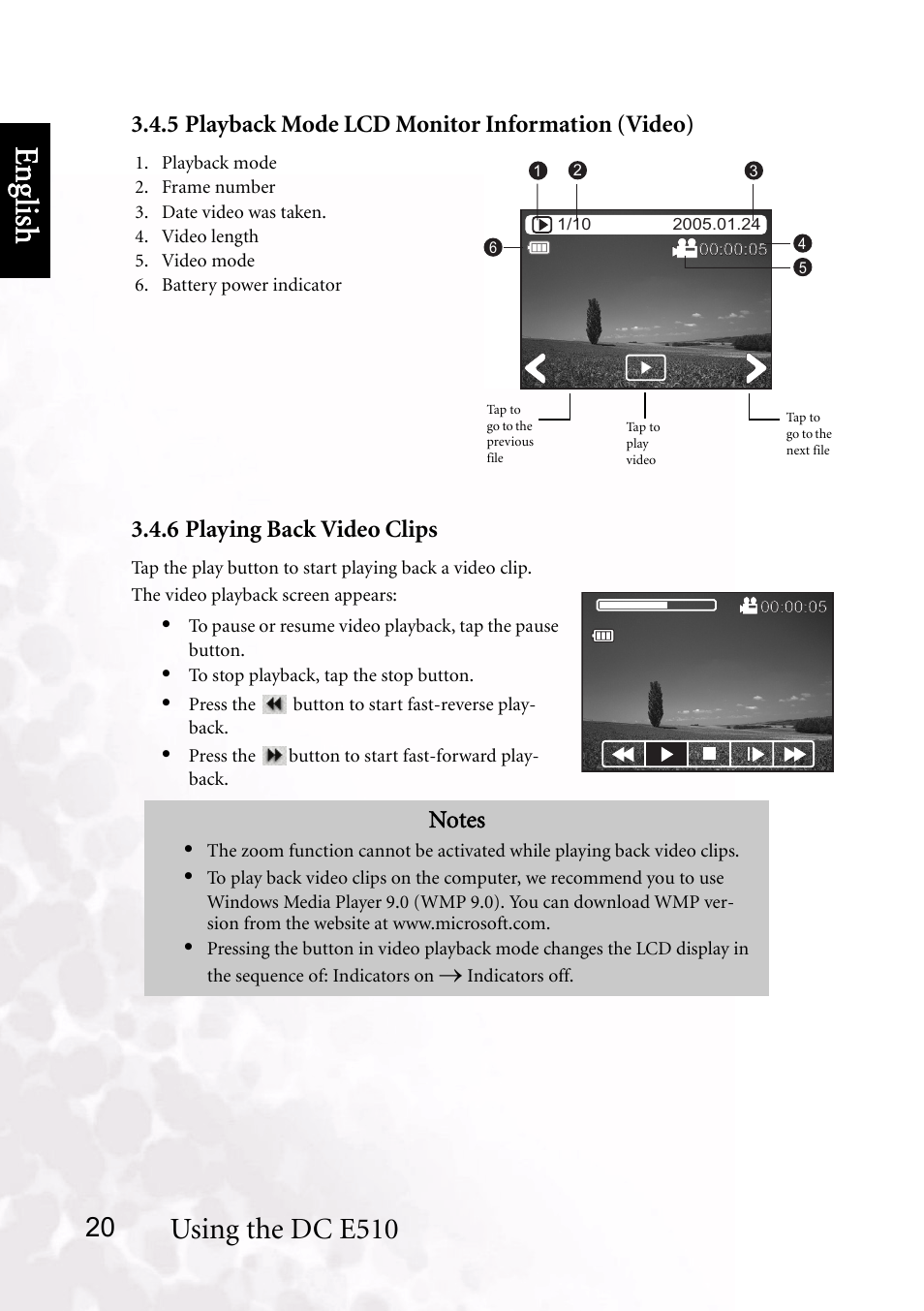 5 playback mode lcd monitor information (video), 6 playing back video clips, Benq dc 5530 user’s manual | Eng lish, Using the dc e510 | BenQ DC E510 User Manual | Page 24 / 35