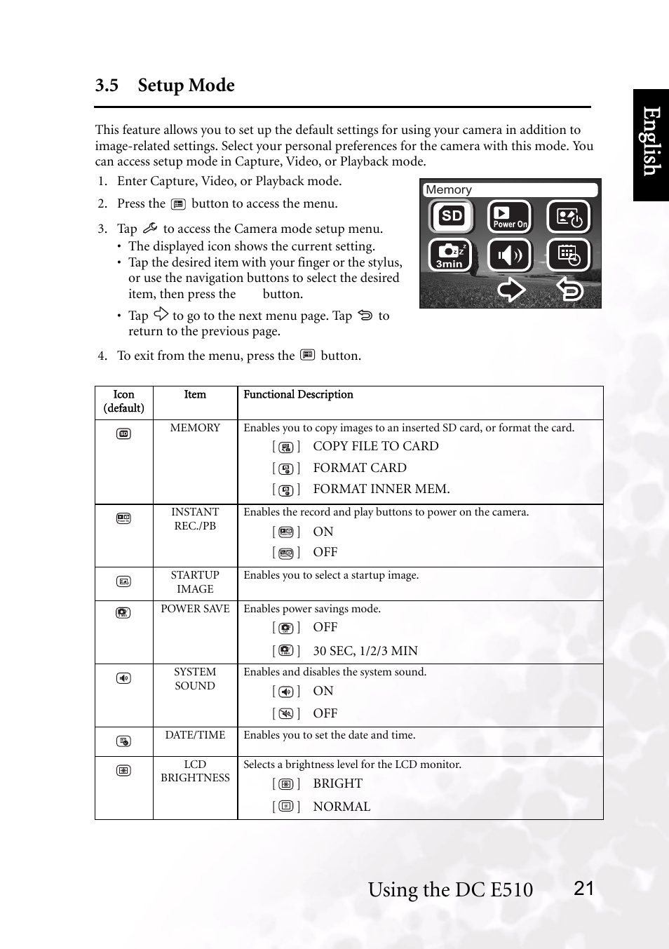 5 setup mode, Benq dc 5530 user’s manual, Eng lish | Using the dc e510, 21 3.5 setup mode, On [ ] off, Bright [ ] normal | BenQ DC E510 User Manual | Page 25 / 35