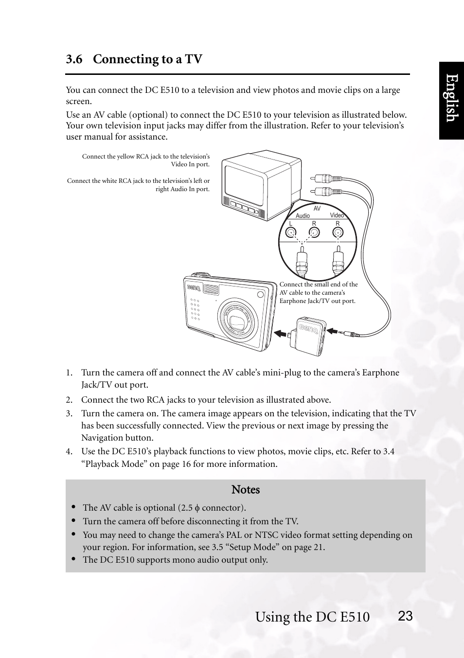 6 connecting to a tv, Benq dc 5530 user’s manual, Eng lish | Using the dc e510, 23 3.6 connecting to a tv | BenQ DC E510 User Manual | Page 27 / 35