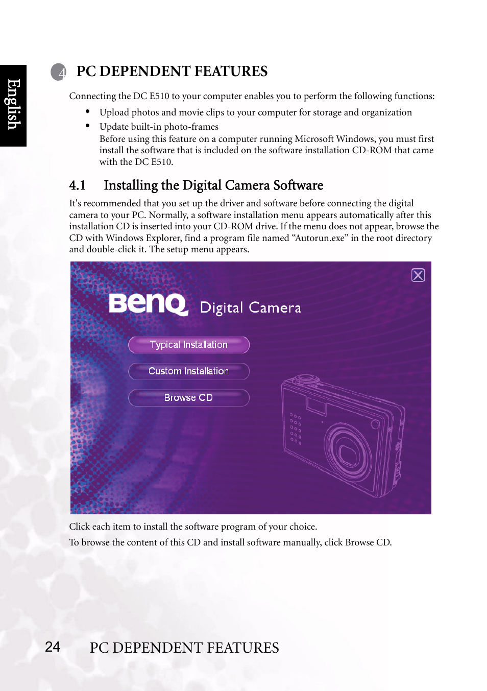 Pc dependent features, 1 installing the digital camera software, Benq dc 5530 user’s manual | Eng lish, 4pc dependent features | BenQ DC E510 User Manual | Page 28 / 35