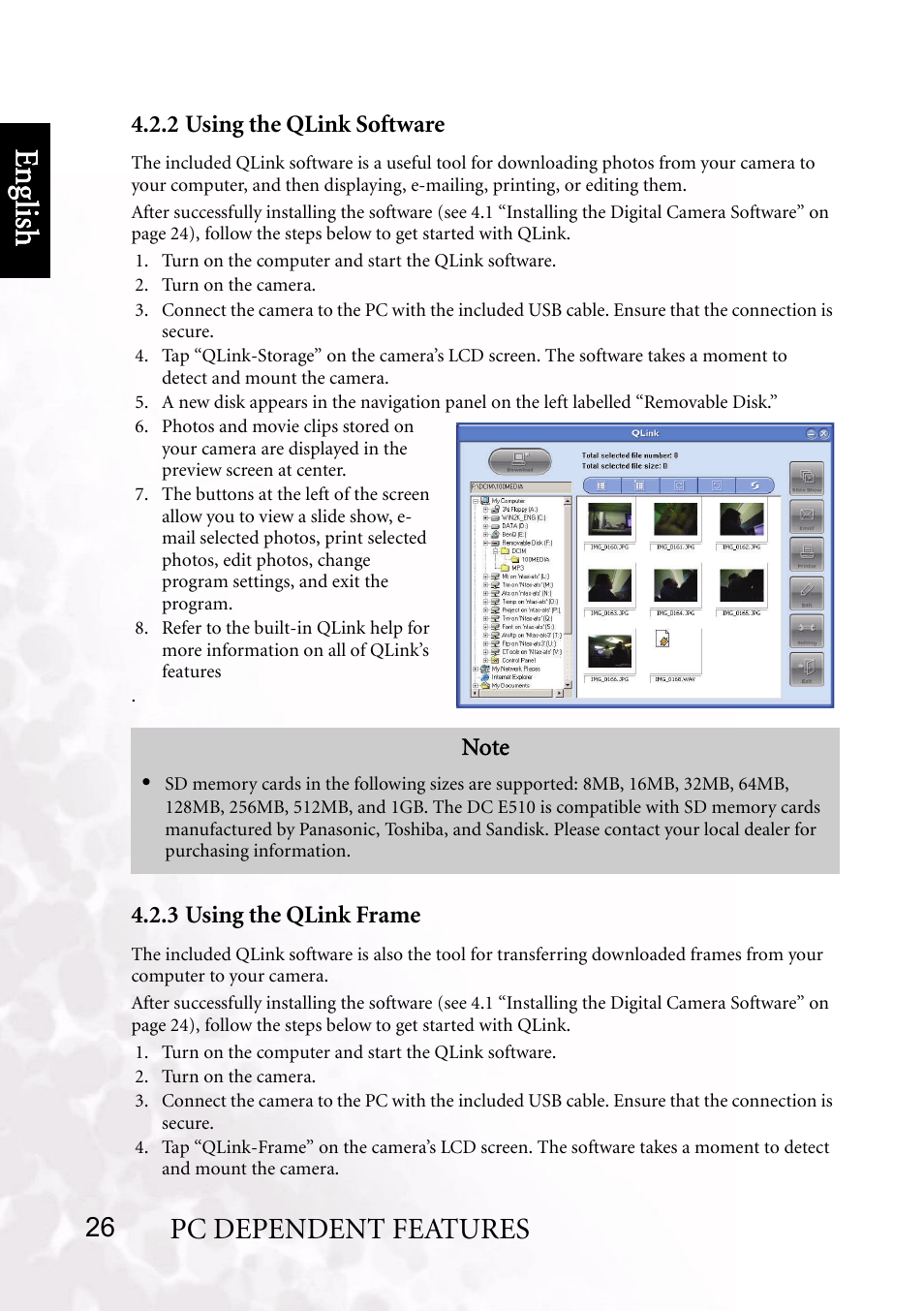 2 using the qlink software, 3 using the qlink frame, Benq dc 5530 user’s manual | Eng lish, Pc dependent features | BenQ DC E510 User Manual | Page 30 / 35