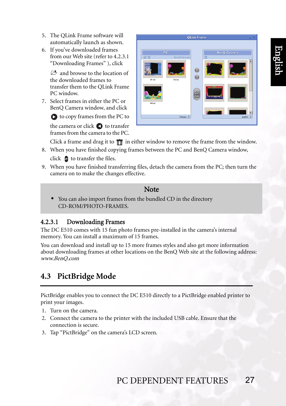 1 downloading frames, 3 pictbridge mode, Benq dc 5530 user’s manual | Eng lish, Pc dependent features | BenQ DC E510 User Manual | Page 31 / 35