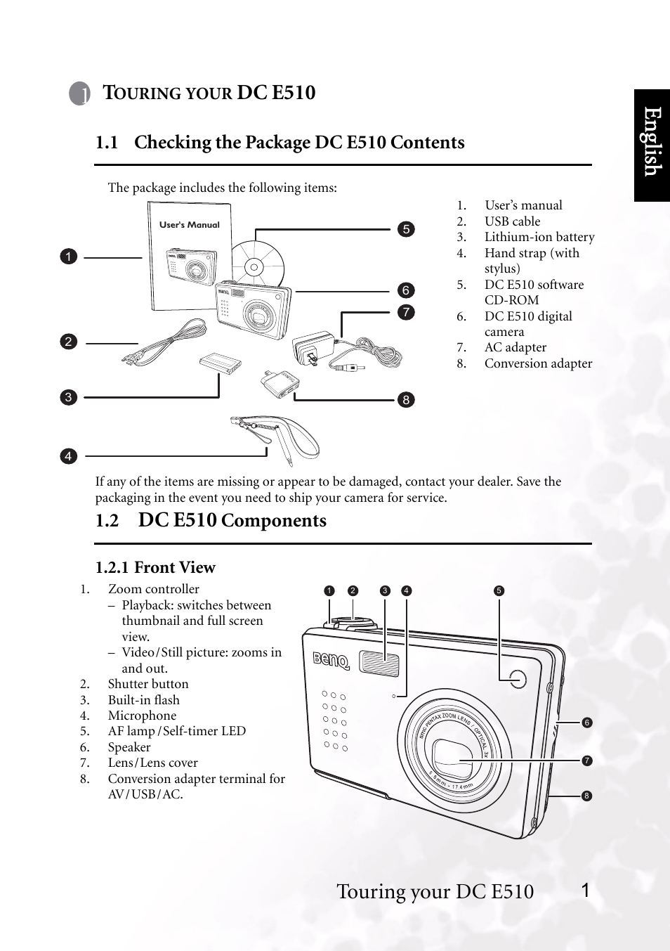 Touring your dc e510, 1 checking the package dc e510 contents, 2 dc e510 components | 1 front view, Benq dc 5530 user’s manual, Eng lish, Dc e510, Components, Ouring, Your | BenQ DC E510 User Manual | Page 5 / 35