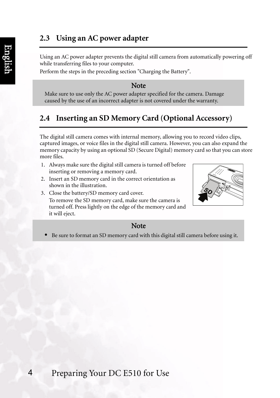 3 using an ac power adapter, 4 inserting an sd memory card (optional accessory), Benq dc 5530 user’s manual | Eng lish, Preparing your dc e510 for use | BenQ DC E510 User Manual | Page 8 / 35