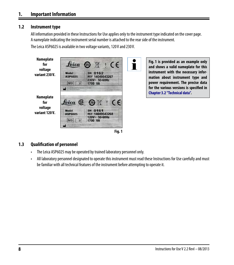 2 instrument type, 3 qualification of personnel, Instrument type | Qualification of personnel, Important information | Leica Biosystems ASP6025 User Manual | Page 10 / 178