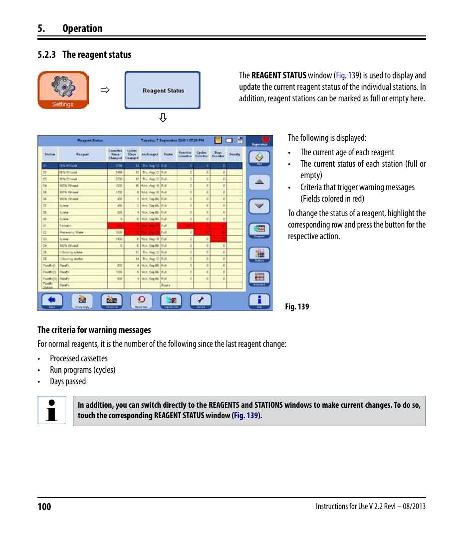 3 the reagent status, Operation | Leica Biosystems ASP6025 User Manual | Page 102 / 178